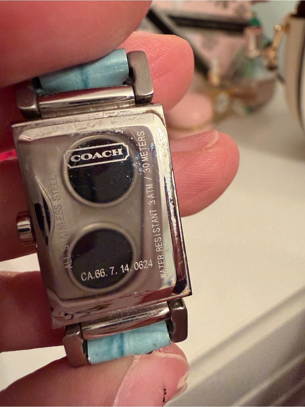 Coach Silver Rectangular Watch with Light Blue Leather Strap - Picture 3 of 3